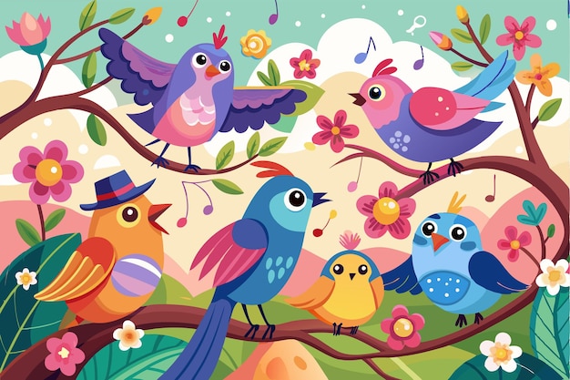 whimsical scene with group of colorful songbirds gathering around single plum blossom singing winter melody