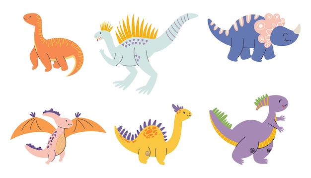 Whimsical Set Of Cartoon Dinosaur Characters Perfect For Adding A Prehistoric Charm To Projects Each Dino Bursting With Personality And Charm Print Game or Book Personages Vector Illustration