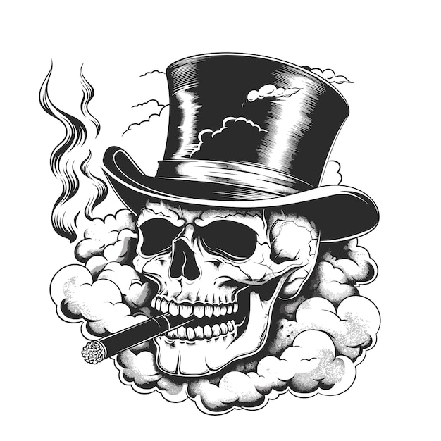 Vector whimsical skull sporting a top hat and cigar adds a touch of dark humor to the concept