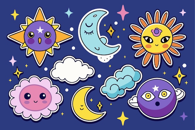 Whimsical stickers showcase sun moon clouds and celestial icons in vibrant colors against a deep blue backdrop Spirit stickers or icons with sun moon clouds evil eye and constellations