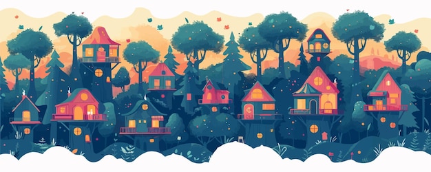 Vector a whimsical treehouse village nestled among towering redwoods vector flat minimalistic isolated illustration