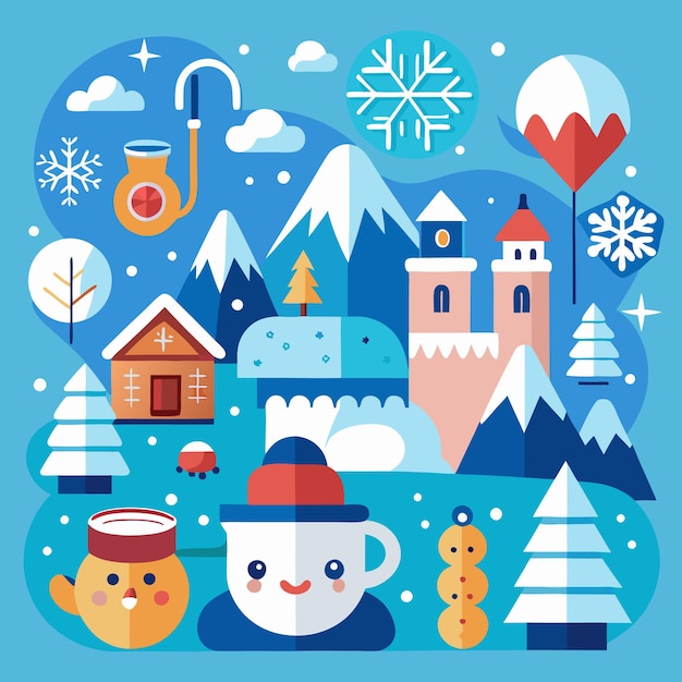 A whimsical winter scene with a snowman a cute house and snowcapped mountains