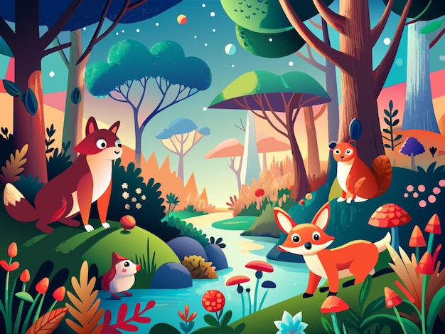 Vector a whimsical woodland scene with talking animals and magical creatures vector illustration flat 2