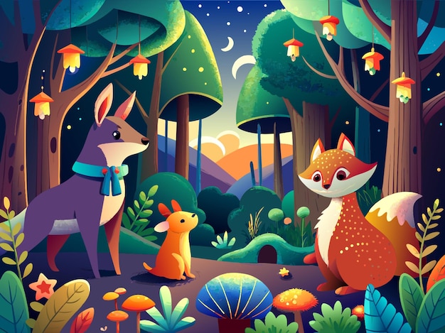 Vector a whimsical woodland scene with talking animals and magical creatures vector illustration flat 2