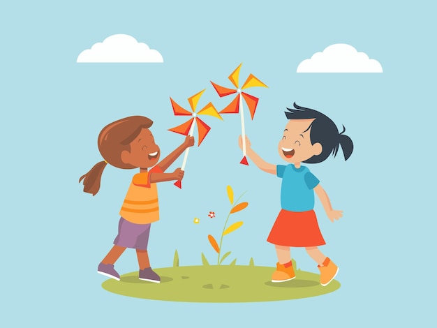 Vector whirling wonder illustration of children playing with pinwheels