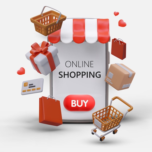 Whirlwind of gifts shopping carts baskets paper bags credit cards Creative advertising with realistic elements thrown into air Phone application Opening of new store