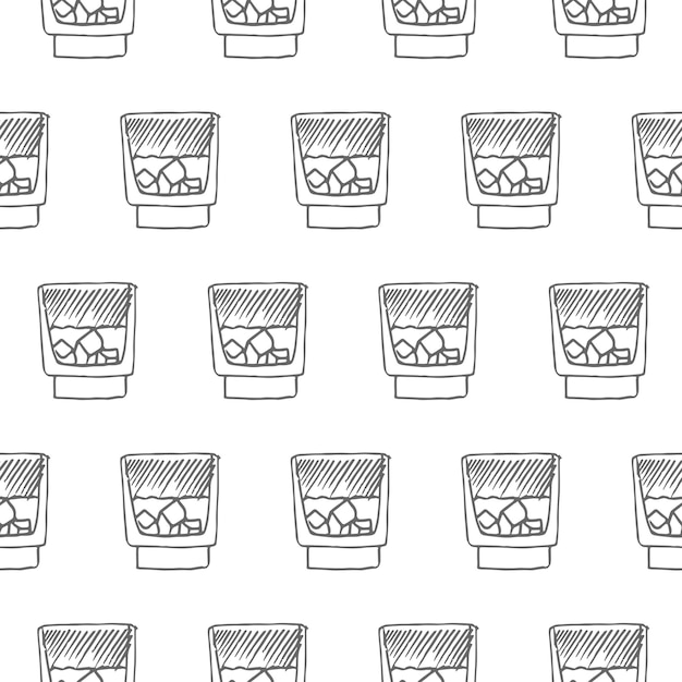 whiskey glass with ice seamless pattern isolated on white background