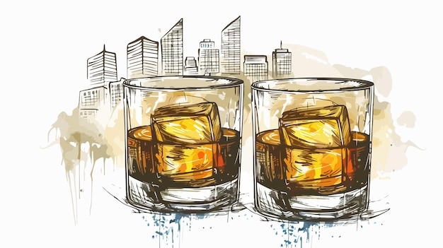 Whiskey Glasses with City Illustration Background