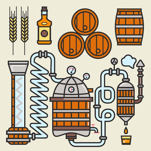 Whiskey production line or whisky making elements 