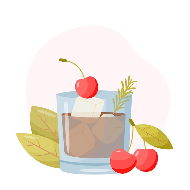 Whiskeycola cocktail with cherries and leaves in the background Menu design elements Summer cocktail in a flat style