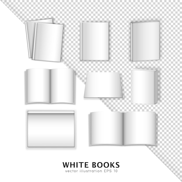 White 3d books in different positions. Brochure, isometric hardcover books, opened magazines, albums