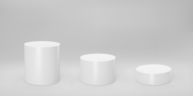 White 3d cylinder front view and levels with perspective isolated on grey background. Cylinder pillar, empty museum stages, pedestals or product podium. 3d basic geometric shapes vector illustration.