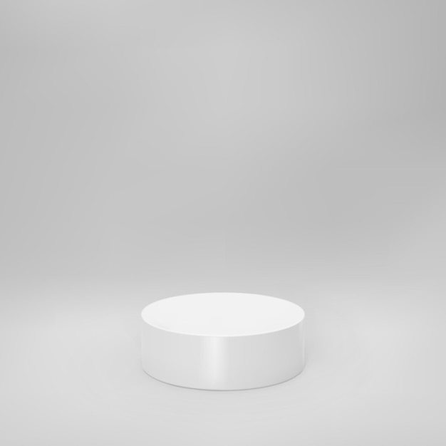 White 3d cylinder front view with perspective isolated on grey background. Cylinder pillar, empty museum stage, pedestal or product podium. 3d basic geometric shape vector illustration.