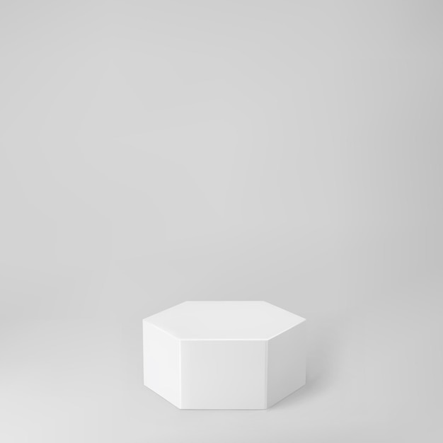 White 3d hexagon podium with perspective isolated on grey background. Product podium mockup in hexagon shape, pillar, empty museum stage or pedestal. 3d basic geometric shape vector illustration.