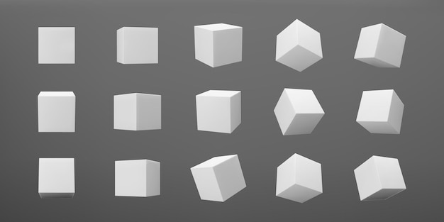 White 3d modeling cubes set with perspective isolated on dark background. Render a rotating 3d box in perspective with lighting and shadow. Realistic vector icon.