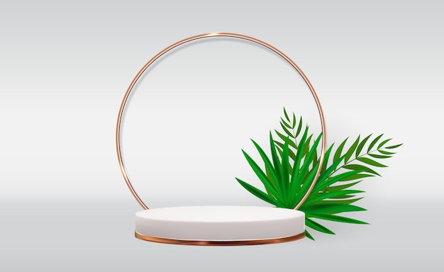 White 3d pedestal background with Golden Glass Ring Frame realistic palm leaves for cosmetic product presentation fashion magazine