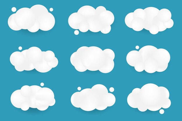 White 3d realistic clouds. Set of round cartoon fluffy clouds isolated on a blue background