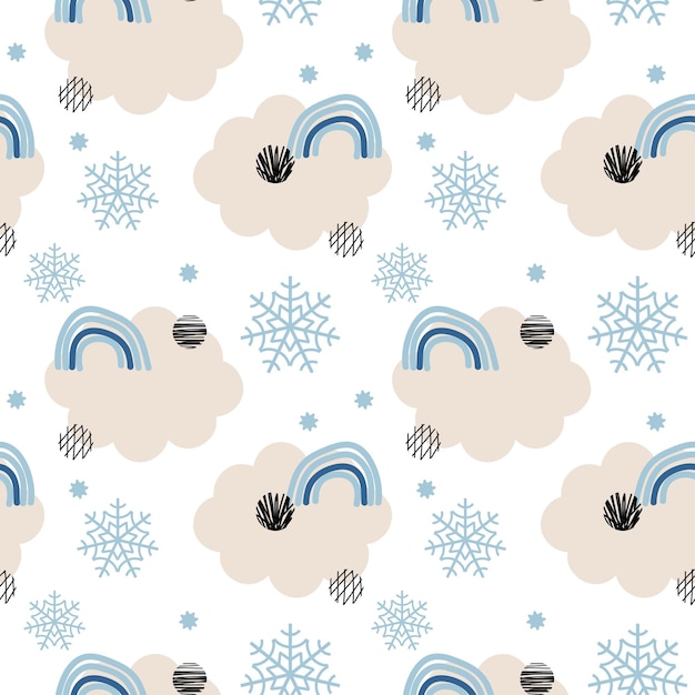 White abstract seamless pattern with snowflakes cloud rainbow Hand drawn winter textures background