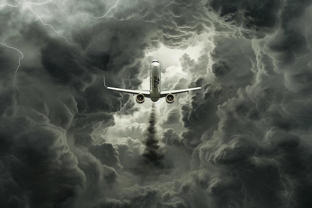 Vector white airplane rising through stormy skies