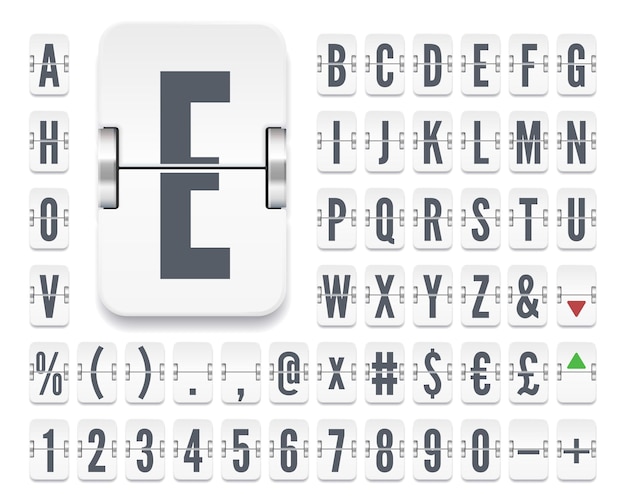 White airport mechanical flip scoreboard terminal alphabet font with numbers for stock exchange rates financial or flight destination and departure info Vector illustration