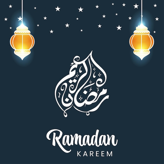 White Arabic Calligraphy Of Ramadan Kareem With Lit Lanterns Hang And Stars Decorated On Dark Teal Blue Background