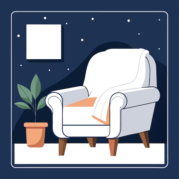 A white armchair with a blanket on it a plant in a pot and a white frame on the wall in a dark blue room