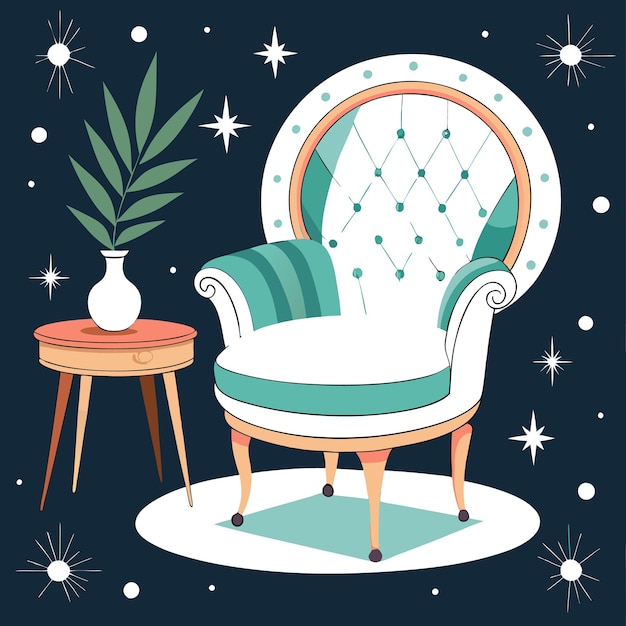 Vector a white armchair with a green and white striped seat cushion a small wooden side table with a vase of green leaves and a blue background with white stars