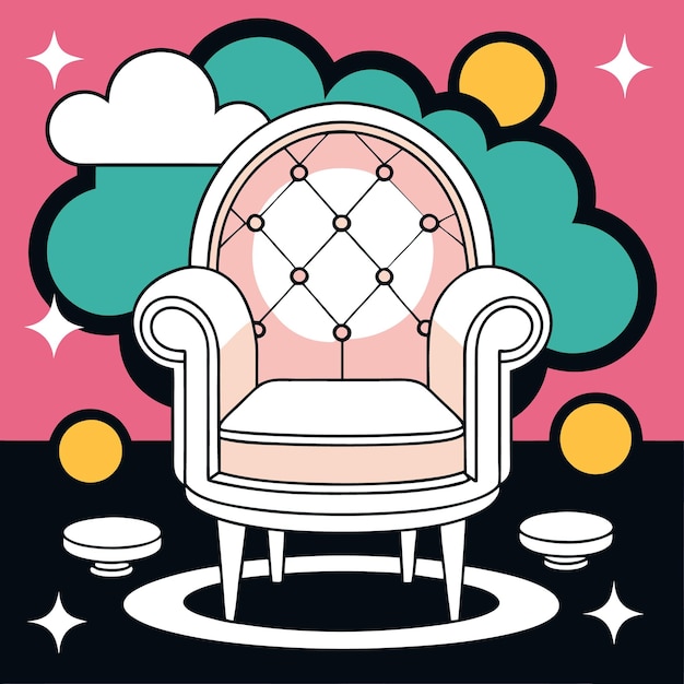 Vector a white armchair with a pink tufted back and a white seat against a backdrop of pink and blue clouds