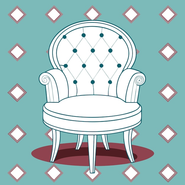 Vector a white armchair with tufted upholstery and a simple design on a turquoise background with white diamonds