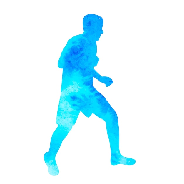 White background blue watercolor silhouette of a man walking