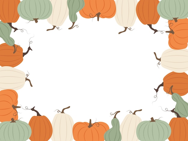 Vector white background bordered with pumpkins and copy space for text ideal for harvest festival or thanksgiving events