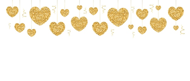 White background for text with golden glitter hanging hearts Festive background Vector