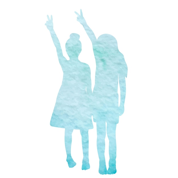 White background watercolor silhouette of a blue kids