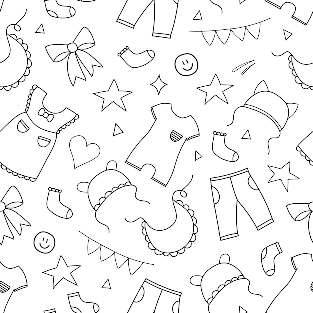 White background with baby clothes elements. Vector seamless pattern children's black doodle