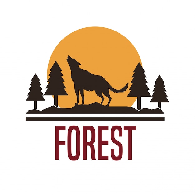 White background with logo forest with wolf silhouette