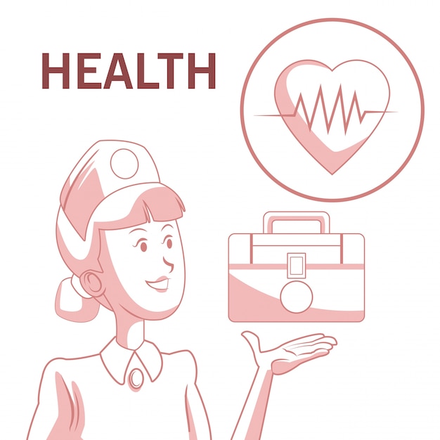 White background with red color sections of silhouette nurse with first kit aid and icon heartbeat