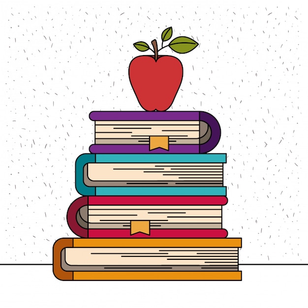 White background with sparkles of stack of books with apple fruit