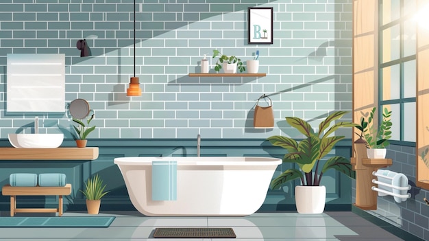 Vector a white bathtub with a plant on the shelf