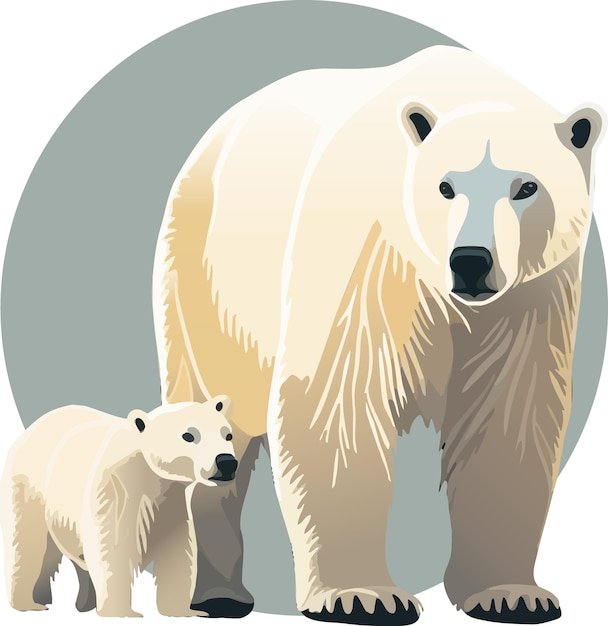 The white bear and her cub bear walks through the snow. Mother and child. The glacier, snow-covered