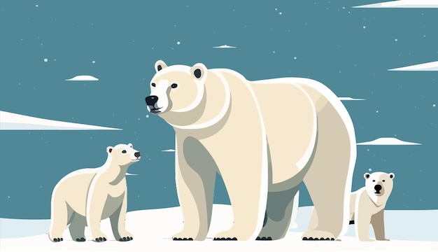 The white bear and her cub bear walks through the snow. Mother and child. The snow-covered plains