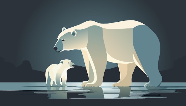 The white bear and her cub bear walks through the snow. Mother and child. The snow-covered plains