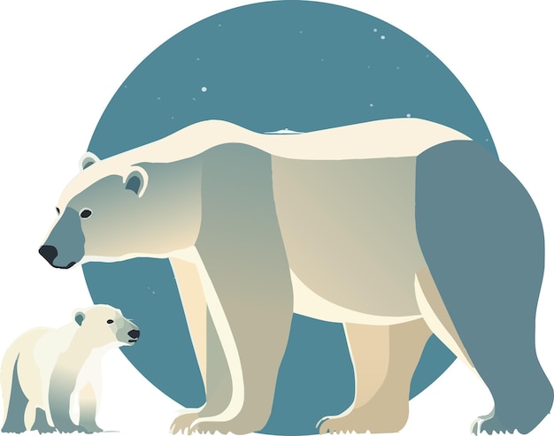 The white bear and her cub bear walks through the snow. Mother and child. The snow-covered plains