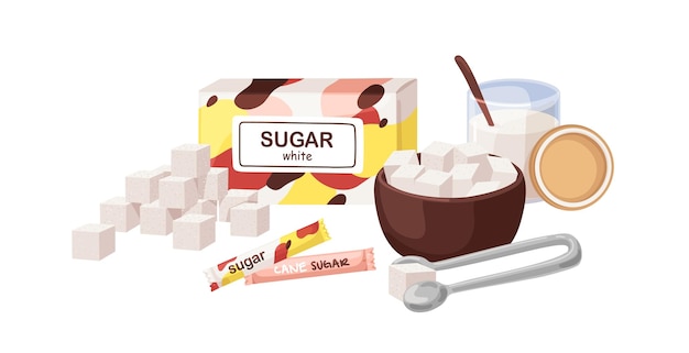 Vector white beet granulated, refined sugar packed in box package for cube pieces, bowl, sand in jar with spoon, pliers, sweet sticks. flat cartoon vector illustration isolated on background