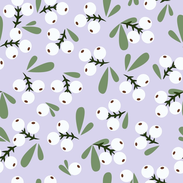 White berries seamless pattern on branches, purple background color. For the design on fabric, paper