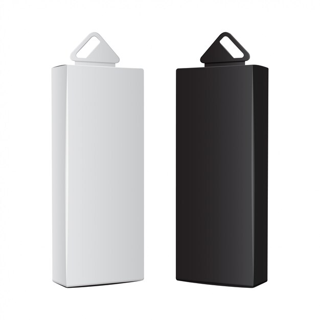 White and black carton boxes with plastic hanging hole. Realistic   packaging. Software box