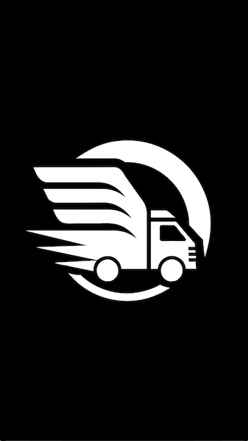 a white and black logo with a truck that has wings on it