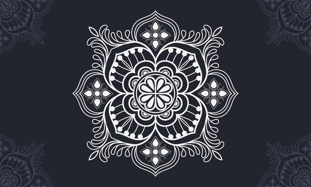 A white and black mandala with a floral pattern on a black background.