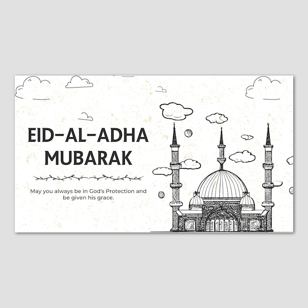 White Black Sketch Illustrative Eid Al Adha Mubarak Facebook Cover