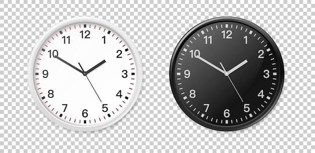 White and black wall office clock icon set. Design template closeup in EPS10 vector. Mock-up for branding and advertise isolated on transparent background.