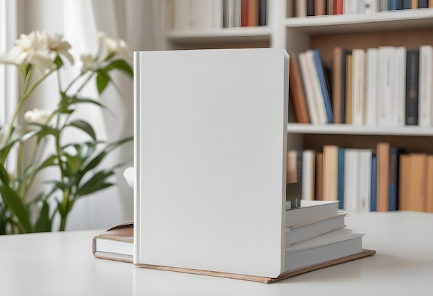 Vector white blank book cover mockup on a table in a bright home office interior book cover design template